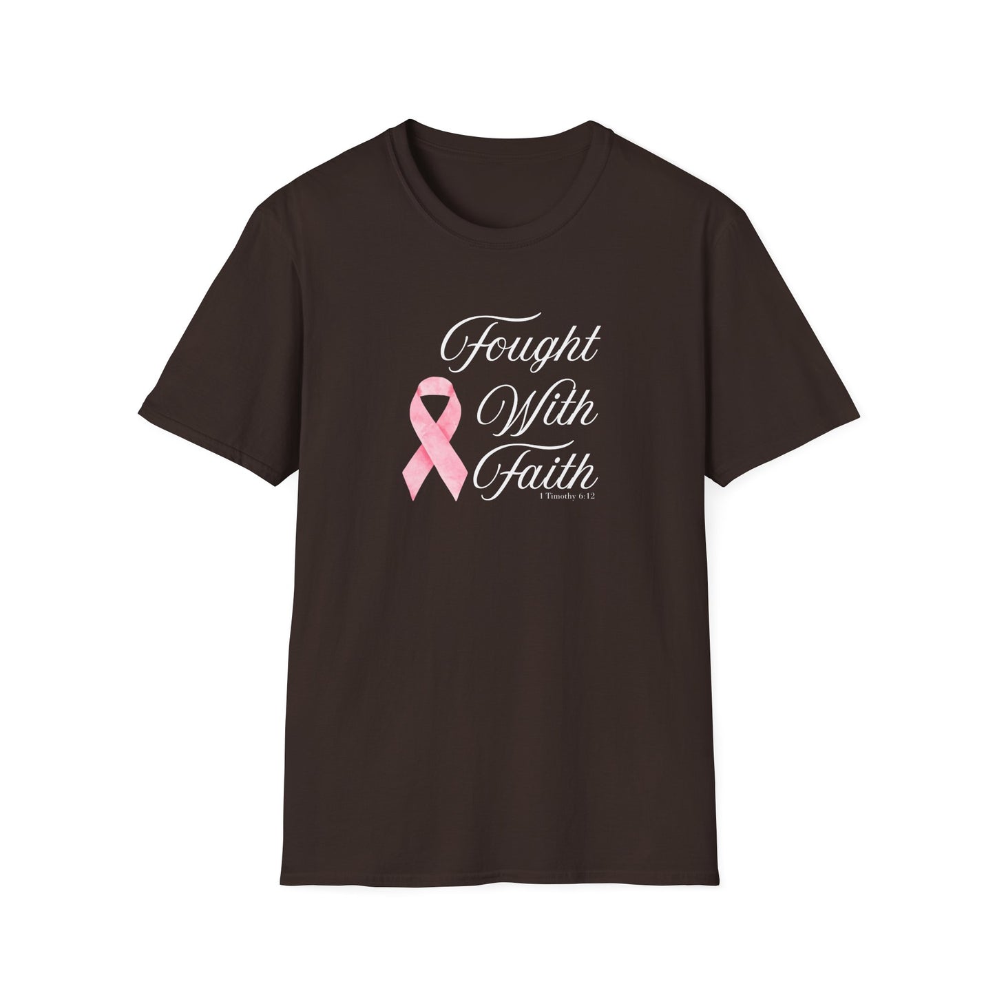 Pink Ribbon Fought With Faith Unisex Softstyle T-Shirt, Breast Cancer Awareness Tee, Supportive Gift, Inspirational Shirt, Faith T-Shirt