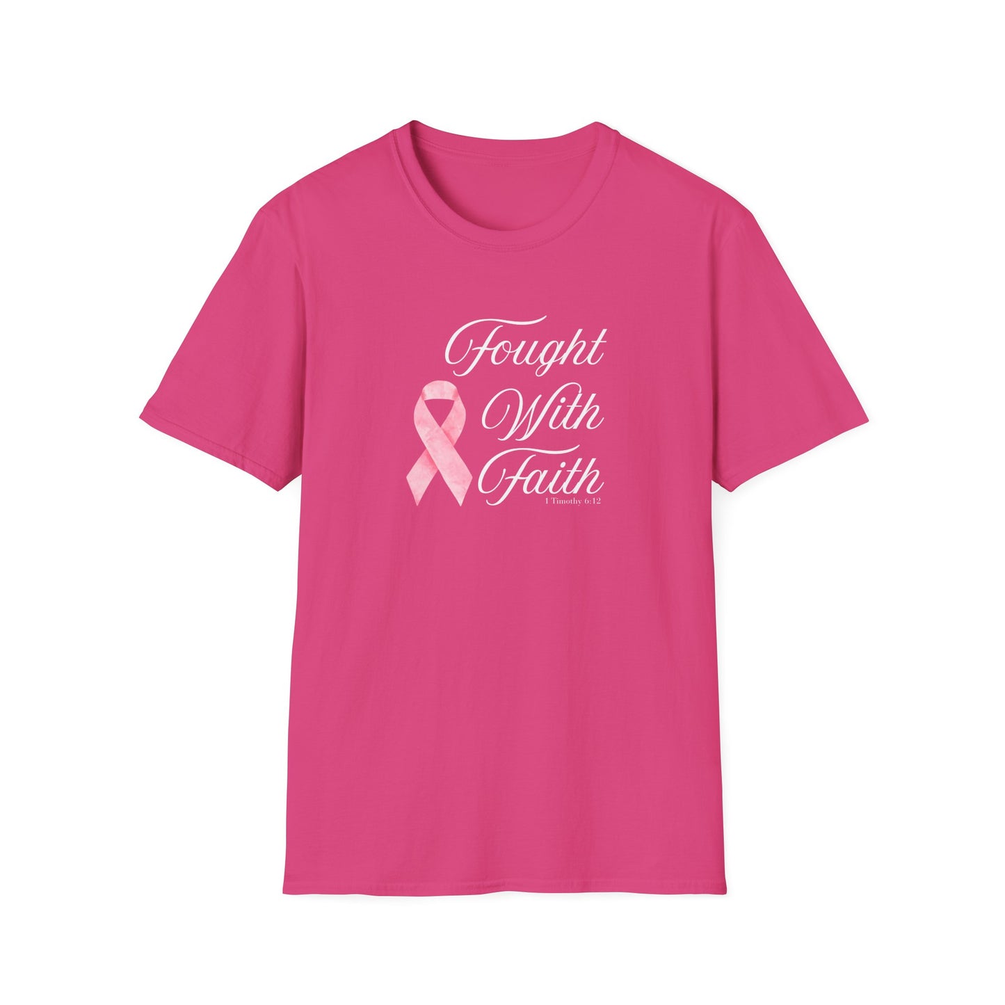 Pink Ribbon Fought With Faith Unisex Softstyle T-Shirt, Breast Cancer Awareness Tee, Supportive Gift, Inspirational Shirt, Faith T-Shirt