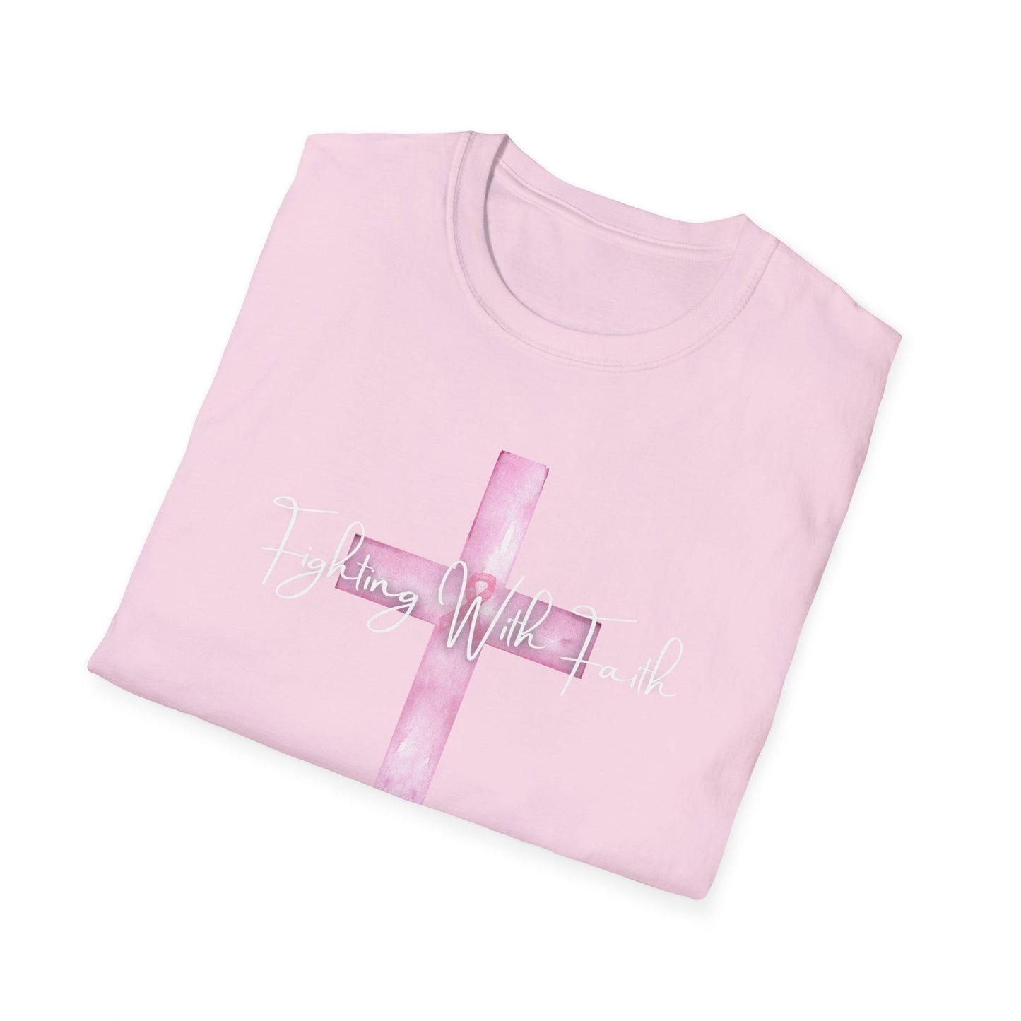 Pink Cross Fighting with Faith Unisex Softstyle T-Shirt, Faith Tee, Casual Wear, Christian Gift, Religious Apparel, Everyday Comfort