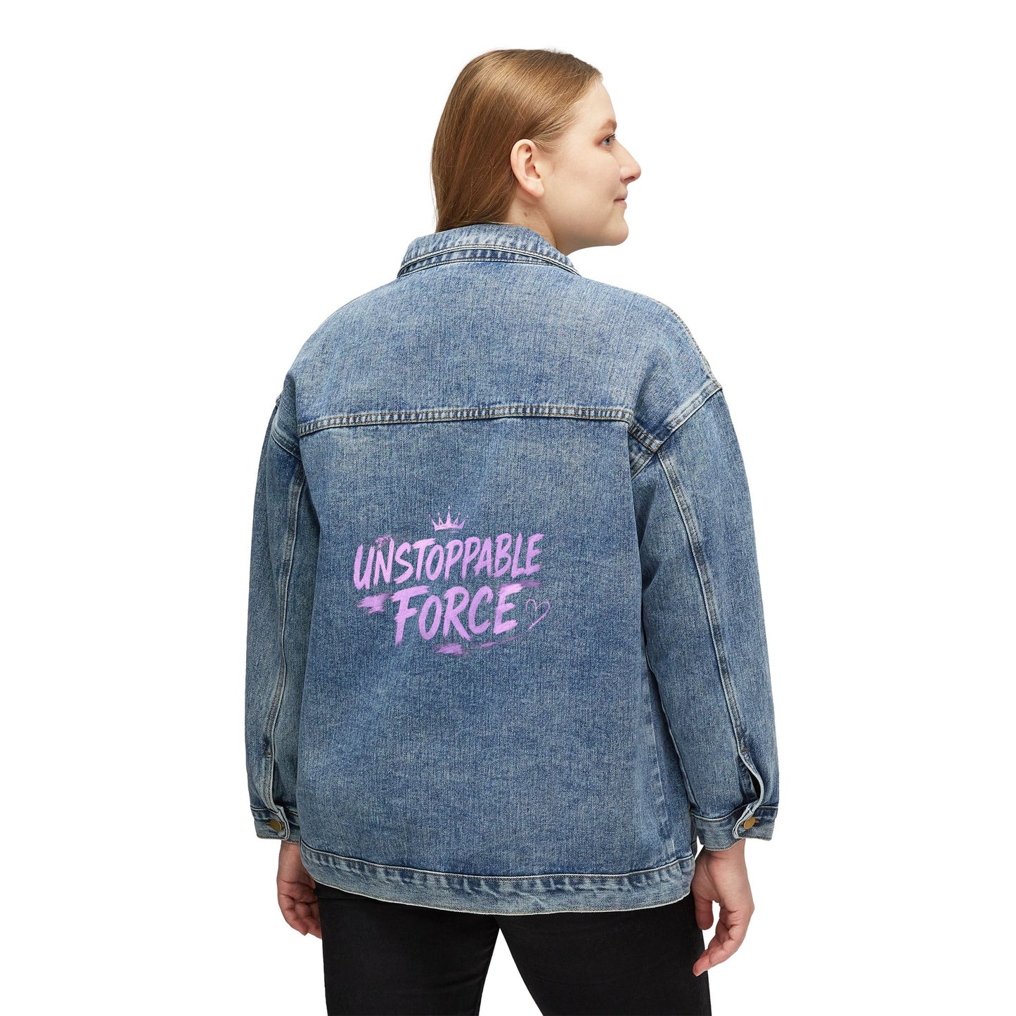 Women’s Denim Jacket — “Unstoppable Force” Back Graphic Lightweight Jean Jacket