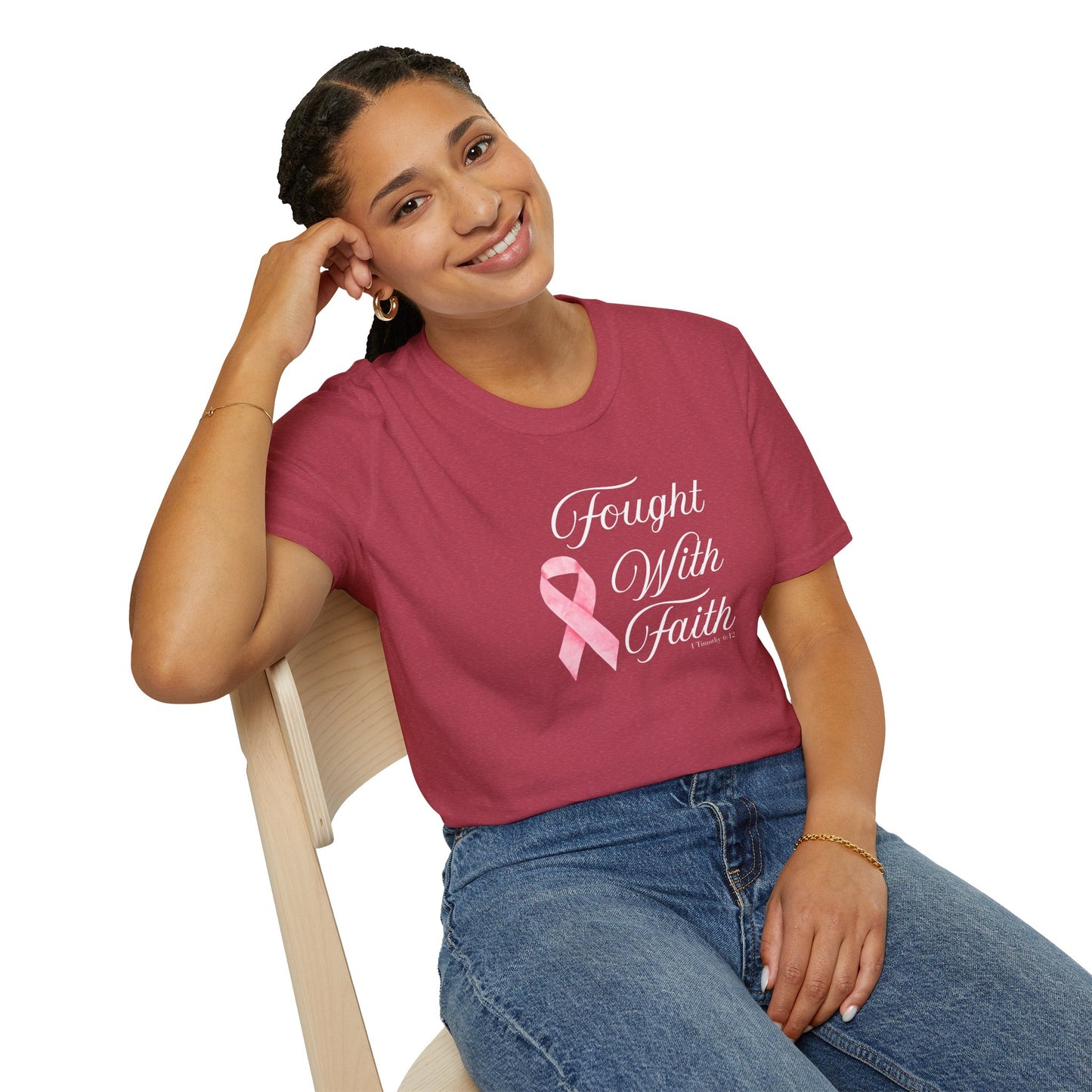Pink Ribbon Fought With Faith Unisex Softstyle T-Shirt, Breast Cancer Awareness Tee, Supportive Gift, Inspirational Shirt, Faith T-Shirt