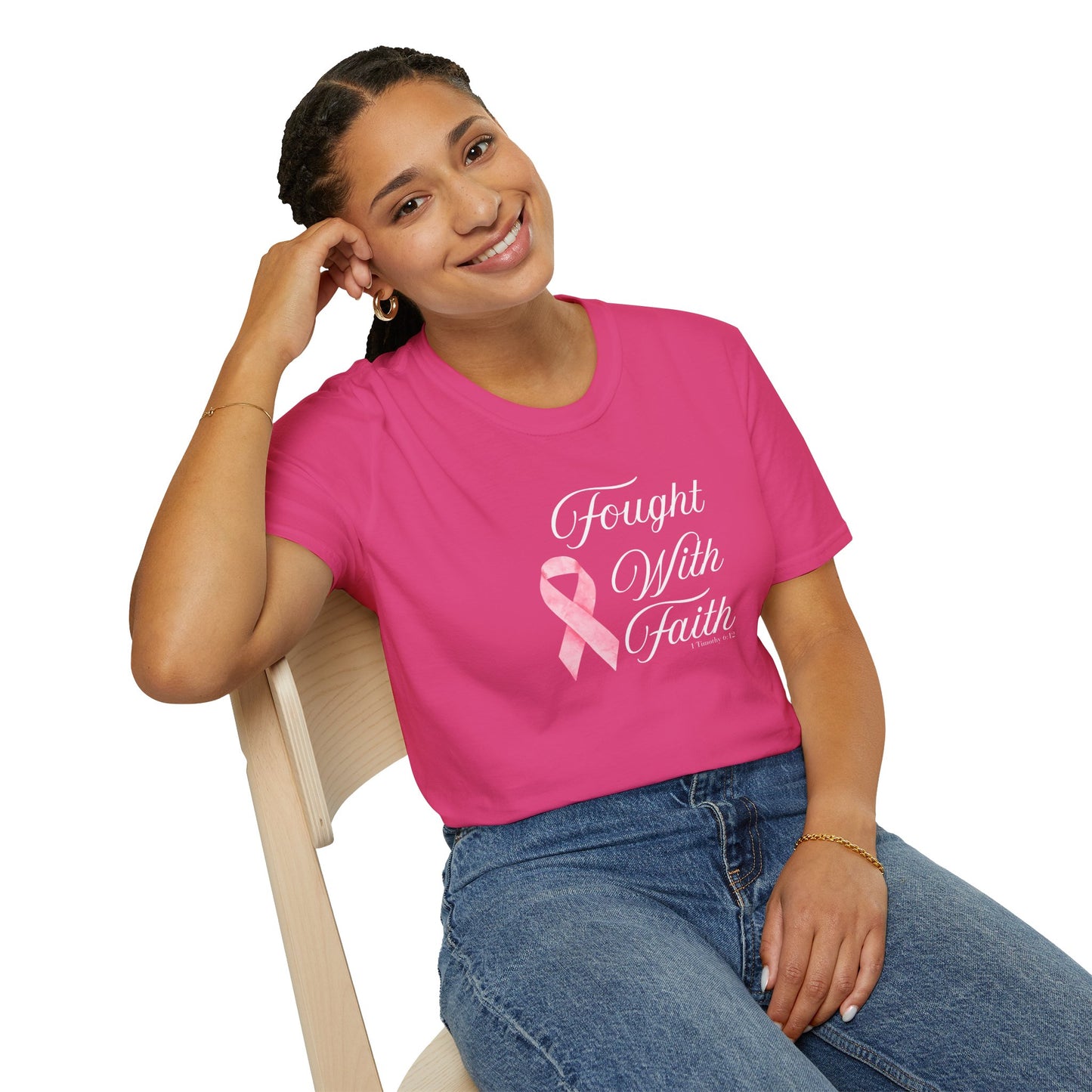 Pink Ribbon Fought With Faith Unisex Softstyle T-Shirt, Breast Cancer Awareness Tee, Supportive Gift, Inspirational Shirt, Faith T-Shirt