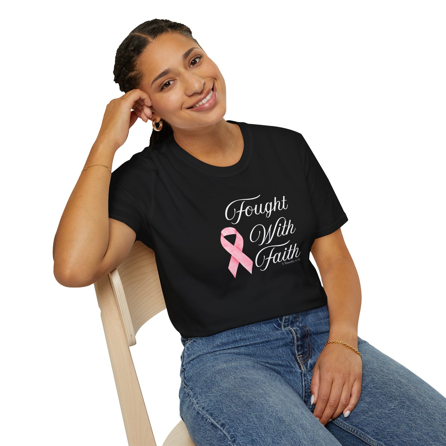 Pink Ribbon Fought With Faith Unisex Softstyle T-Shirt, Breast Cancer Awareness Tee, Supportive Gift, Inspirational Shirt, Faith T-Shirt