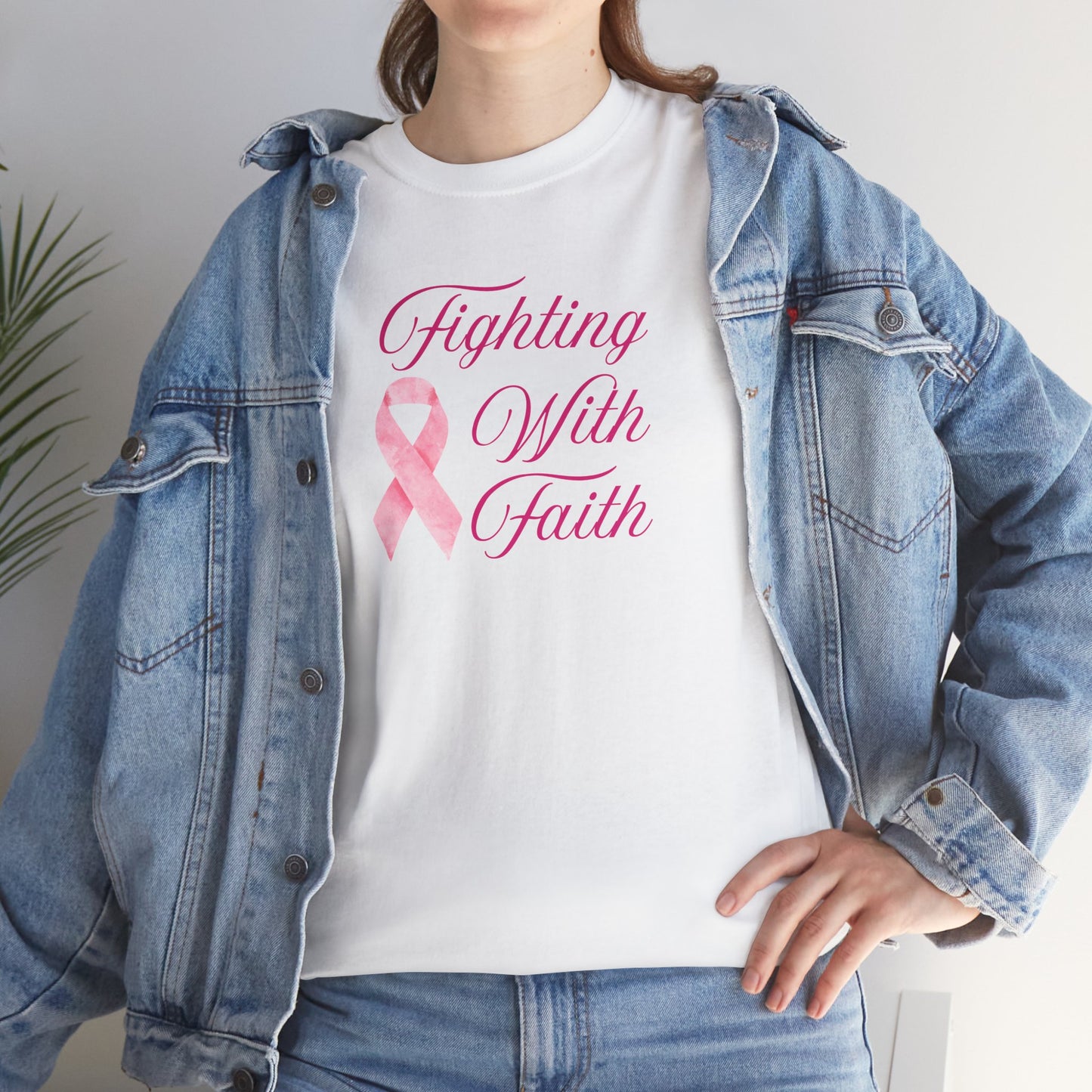 Fighting With Faith Pink Ribbon Tee, Support Breast Cancer Awareness, Unisex Cotton Shirt, Gift for Cancer Fighters, Inspirational Apparel