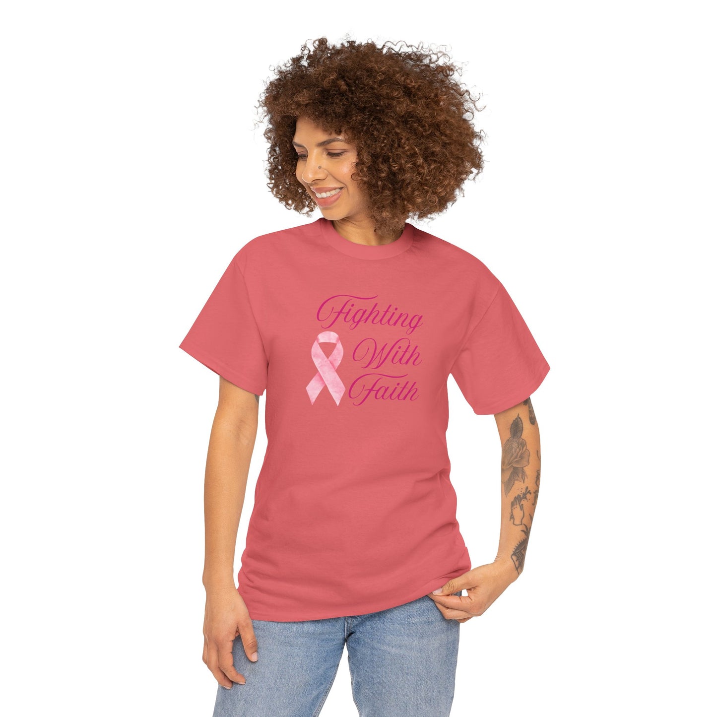 Fighting With Faith Pink Ribbon Tee, Support Breast Cancer Awareness, Unisex Cotton Shirt, Gift for Cancer Fighters, Inspirational Apparel
