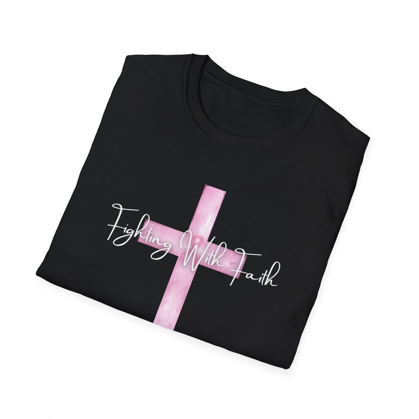 Pink Cross Fighting with Faith Unisex Softstyle T-Shirt, Faith Tee, Casual Wear, Christian Gift, Religious Apparel, Everyday Comfort