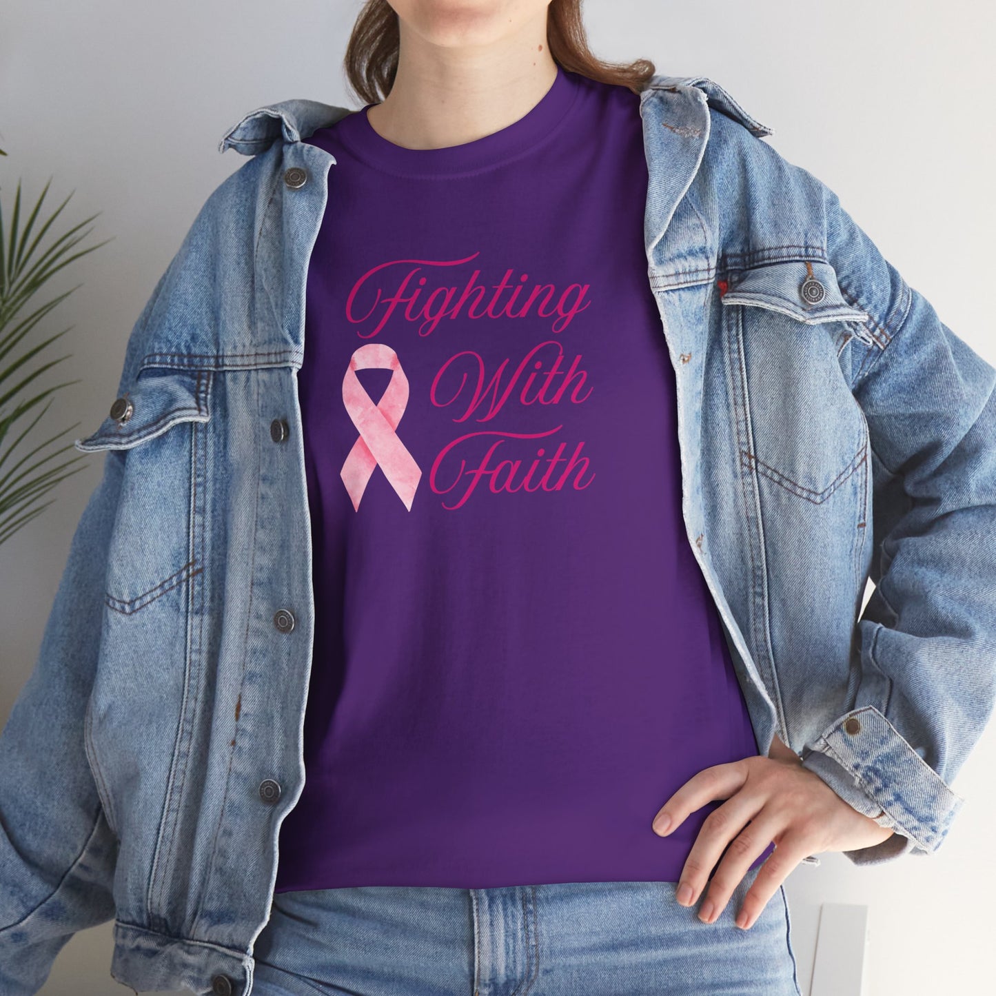 Fighting With Faith Pink Ribbon Tee, Support Breast Cancer Awareness, Unisex Cotton Shirt, Gift for Cancer Fighters, Inspirational Apparel