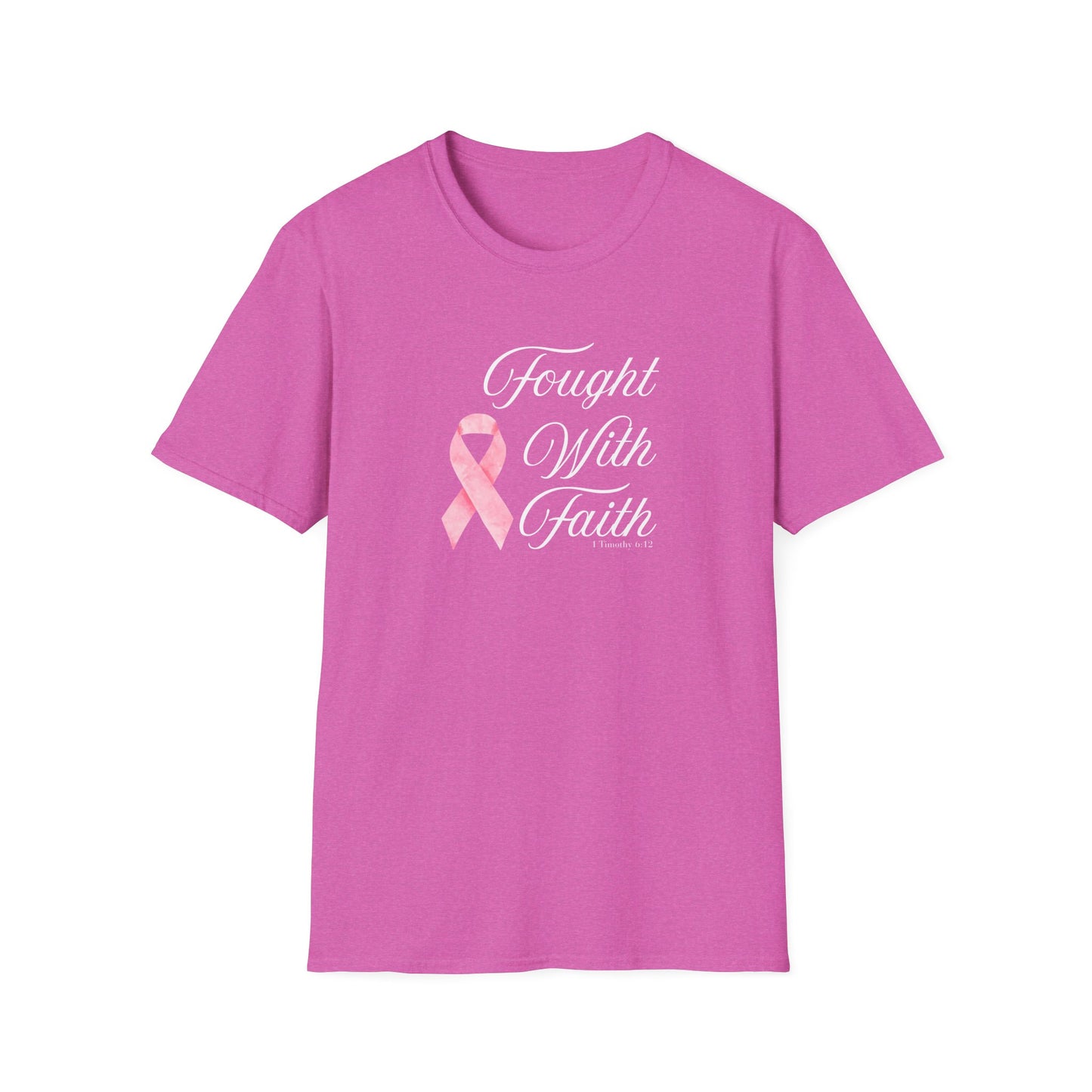 Pink Ribbon Fought With Faith Unisex Softstyle T-Shirt, Breast Cancer Awareness Tee, Supportive Gift, Inspirational Shirt, Faith T-Shirt