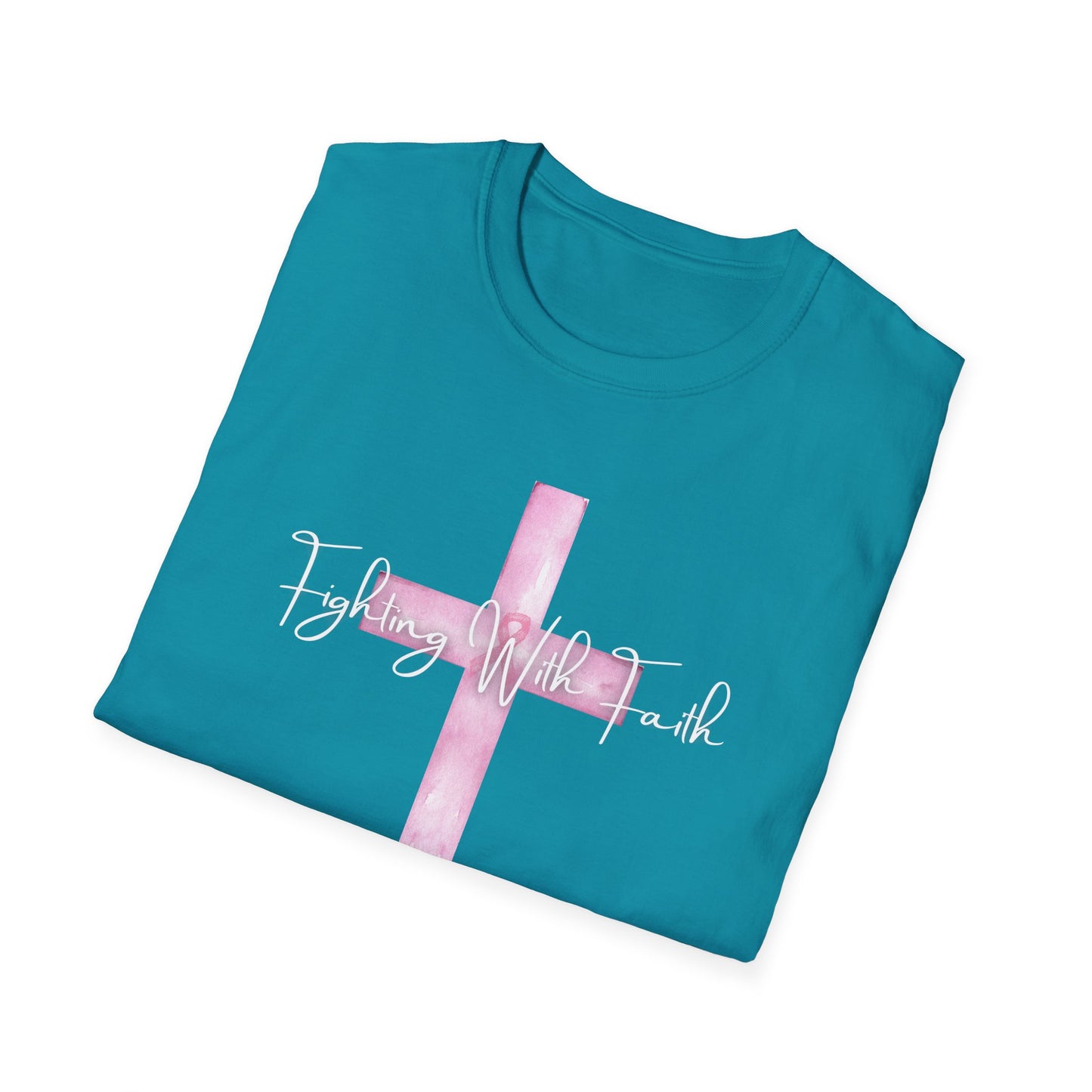 Pink Cross Fighting with Faith Unisex Softstyle T-Shirt, Faith Tee, Casual Wear, Christian Gift, Religious Apparel, Everyday Comfort