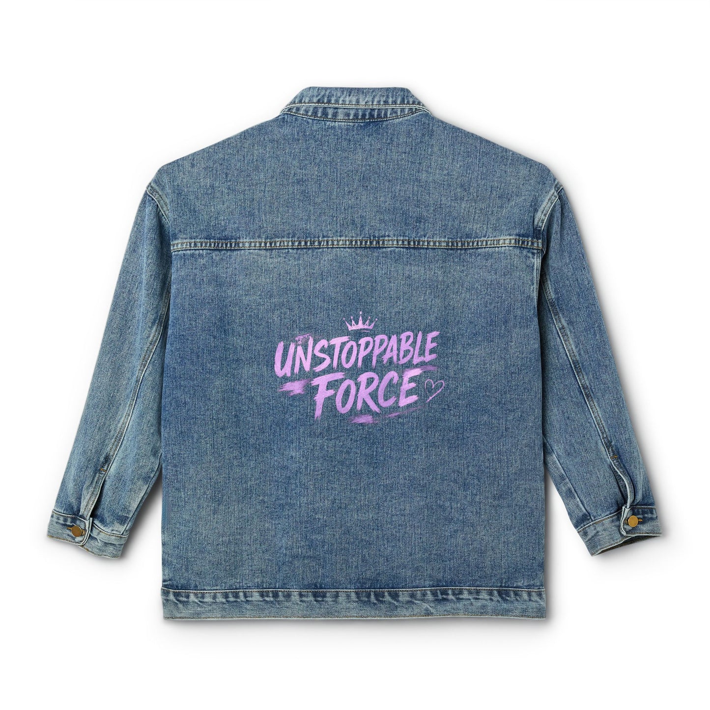 Women’s Denim Jacket — “Unstoppable Force” Back Graphic Lightweight Jean Jacket