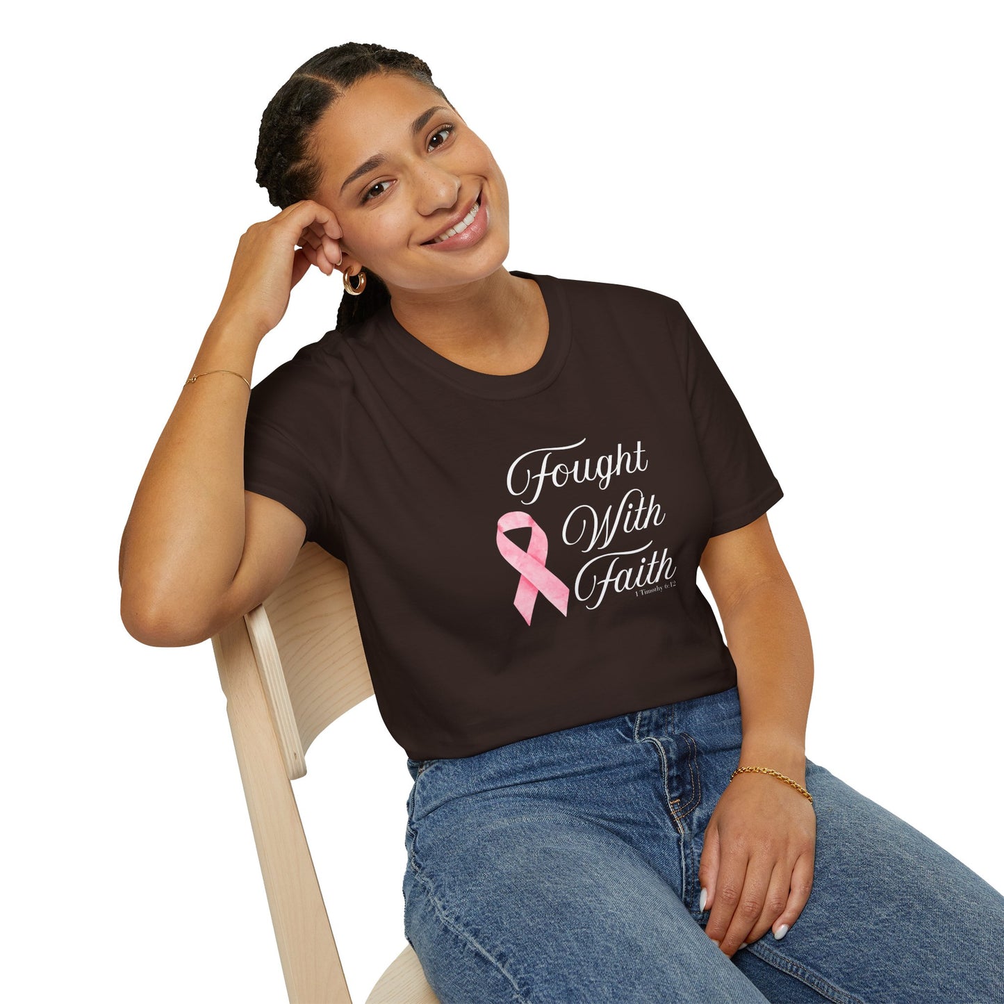 Pink Ribbon Fought With Faith Unisex Softstyle T-Shirt, Breast Cancer Awareness Tee, Supportive Gift, Inspirational Shirt, Faith T-Shirt