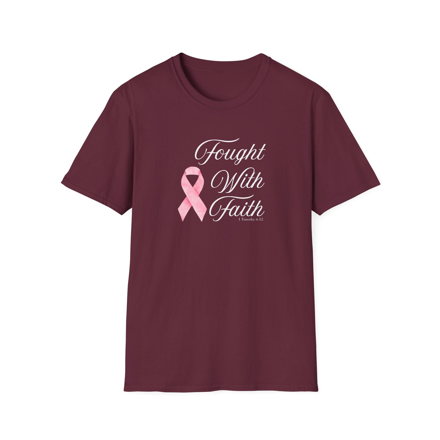 Pink Ribbon Fought With Faith Unisex Softstyle T-Shirt, Breast Cancer Awareness Tee, Supportive Gift, Inspirational Shirt, Faith T-Shirt